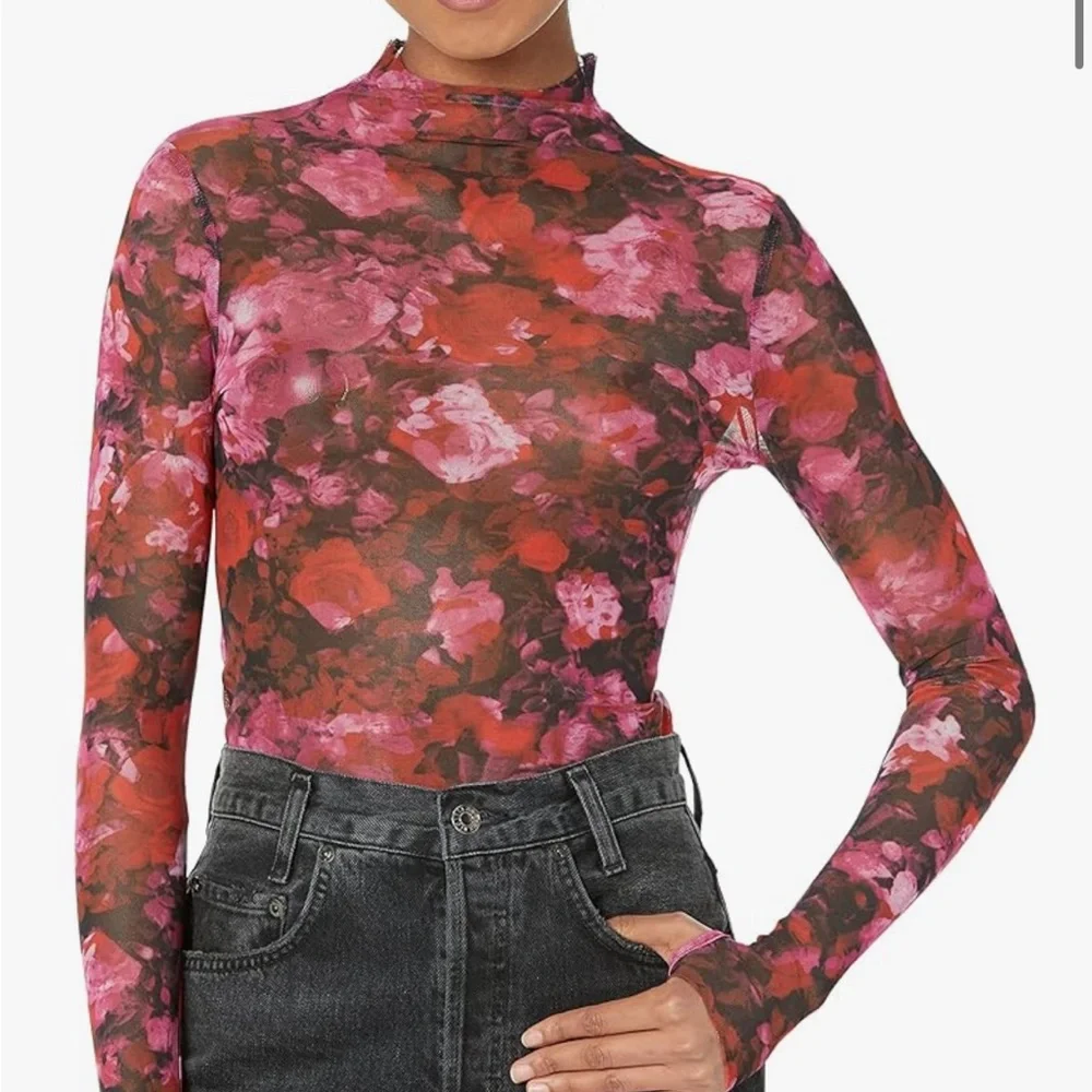 Red floral sheer mock turtleneck top - Picture 2 of 2
